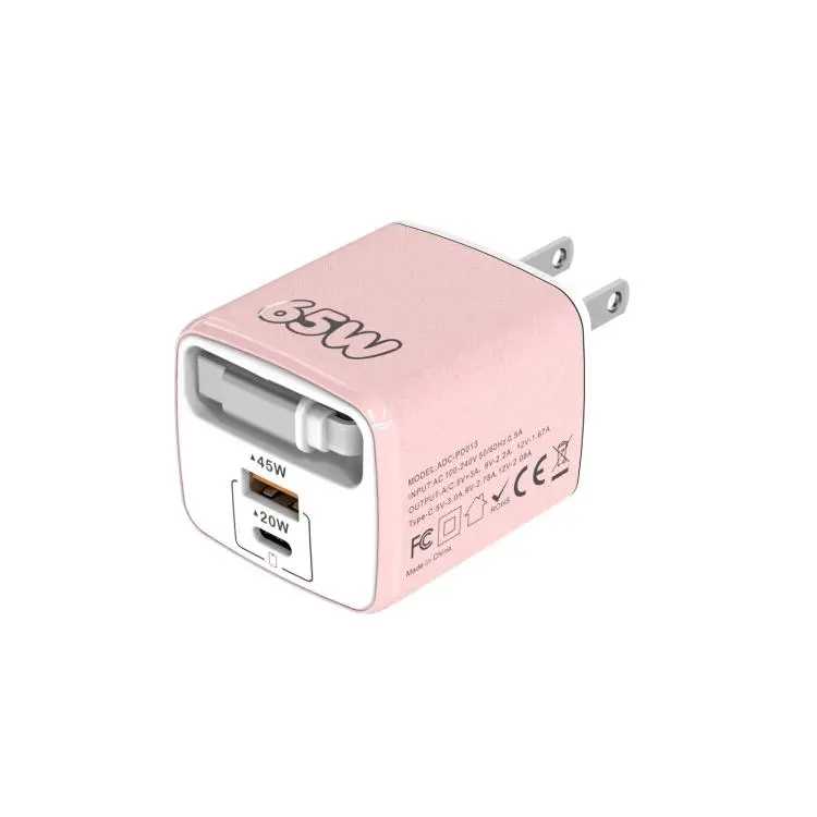 ADC-PD013 Sugar Cube 65W Type-C and USB Dual-port Fast Charger with Type-C Retractable Cable, Plug