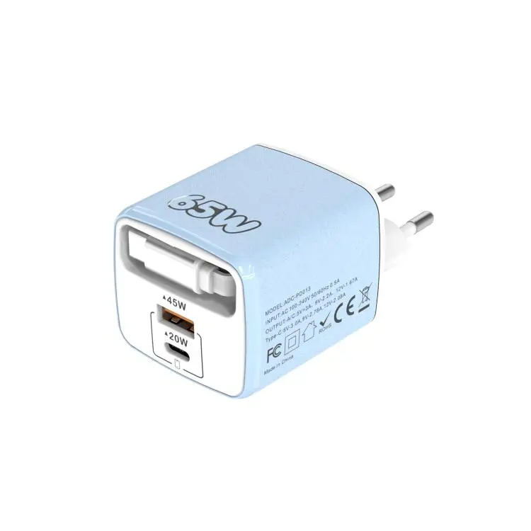 ADC-PD013 Sugar Cube 65W Type-C and USB Dual-port Fast Charger with Type-C Retractable Cable, Plug