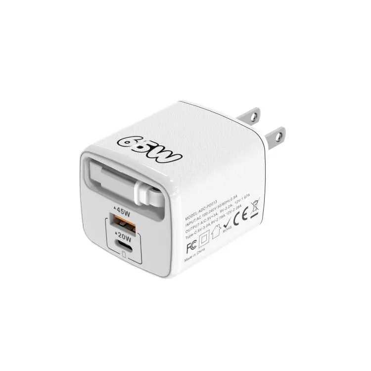 ADC-PD013 Sugar Cube 65W Type-C and USB Dual-port Fast Charger with Type-C Retractable Cable, Plug