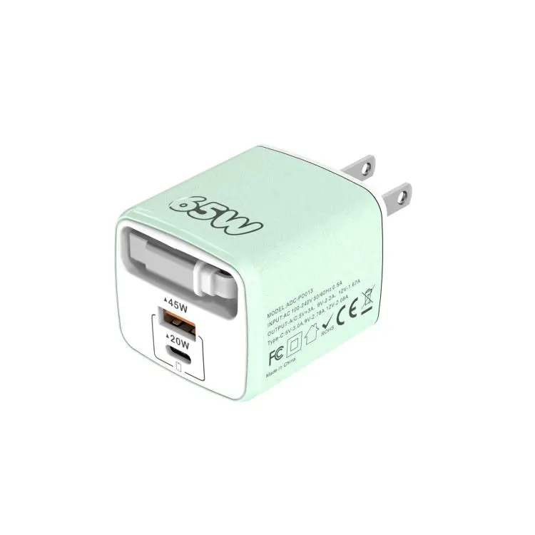 ADC-PD013 Sugar Cube 65W Type-C and USB Dual-port Fast Charger with Type-C Retractable Cable, Plug
