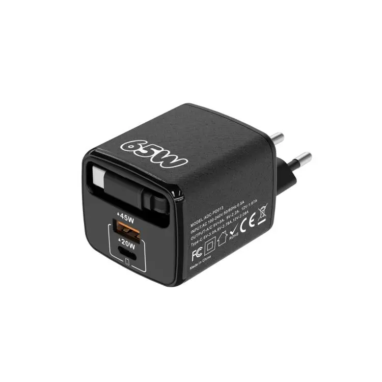 ADC-PD013 Sugar Cube 65W Type-C and USB Dual-port Fast Charger with Type-C Retractable Cable, Plug
