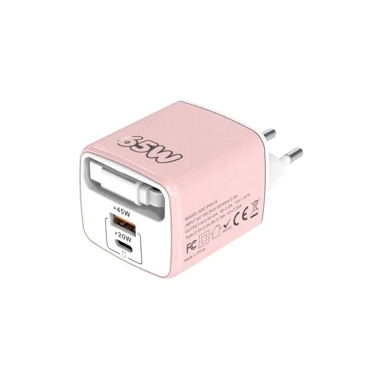 ADC-PD013 Sugar Cube 65W Type-C and USB Dual-port Fast Charger with Type-C Retractable Cable, Plug