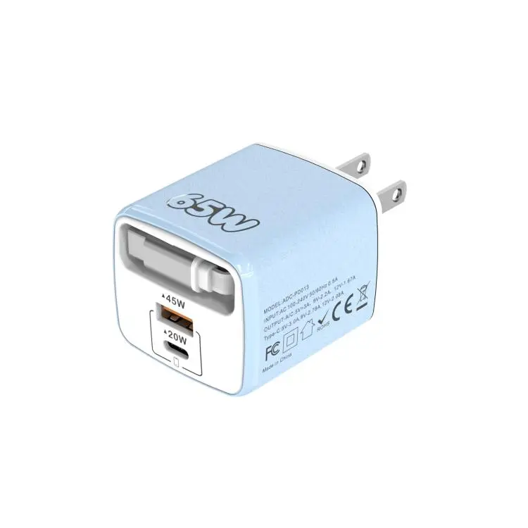 ADC-PD013 Sugar Cube 65W Type-C and USB Dual-port Fast Charger with Type-C Retractable Cable, Plug