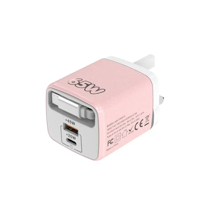 ADC-PD013 Sugar Cube 65W Type-C and USB Dual-port Fast Charger with Type-C Retractable Cable, Plug