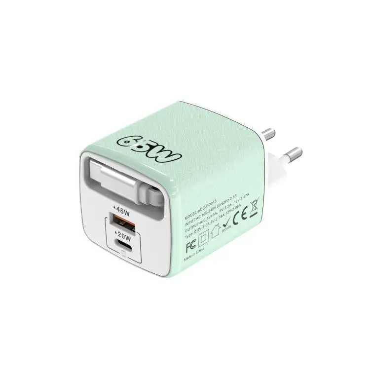 ADC-PD013 Sugar Cube 65W Type-C and USB Dual-port Fast Charger with Type-C Retractable Cable, Plug