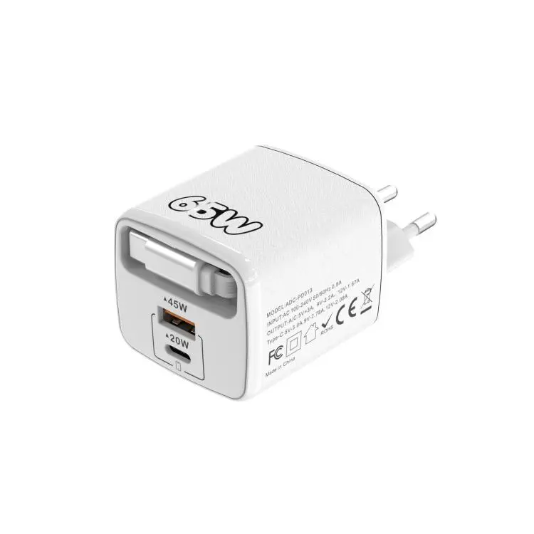 ADC-PD013 Sugar Cube 65W Type-C and USB Dual-port Fast Charger with Type-C Retractable Cable, Plug