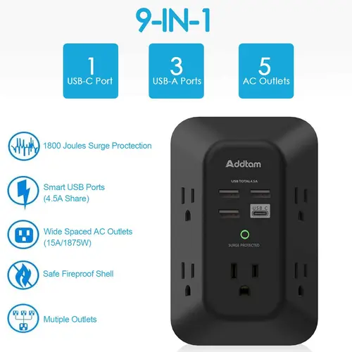Addtam 9-in-1 Wall Outlet Extender – 5 AC, 4 USB, 1800J Surge Protection