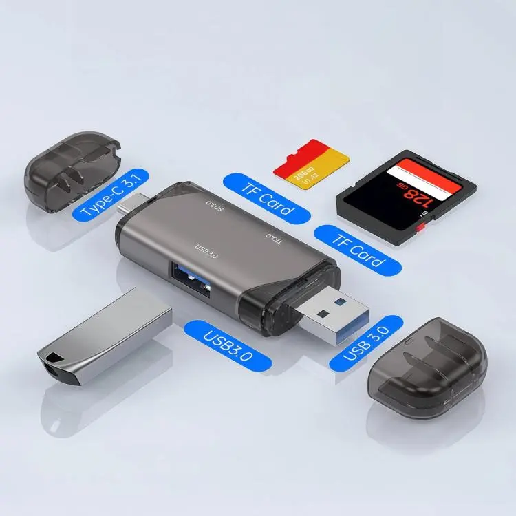 ADS-329 USB / Type-C 3.0 Card Reader 5 In 1 SD/TF Memory Card USB Flash Drive Reader(Dark Gray)