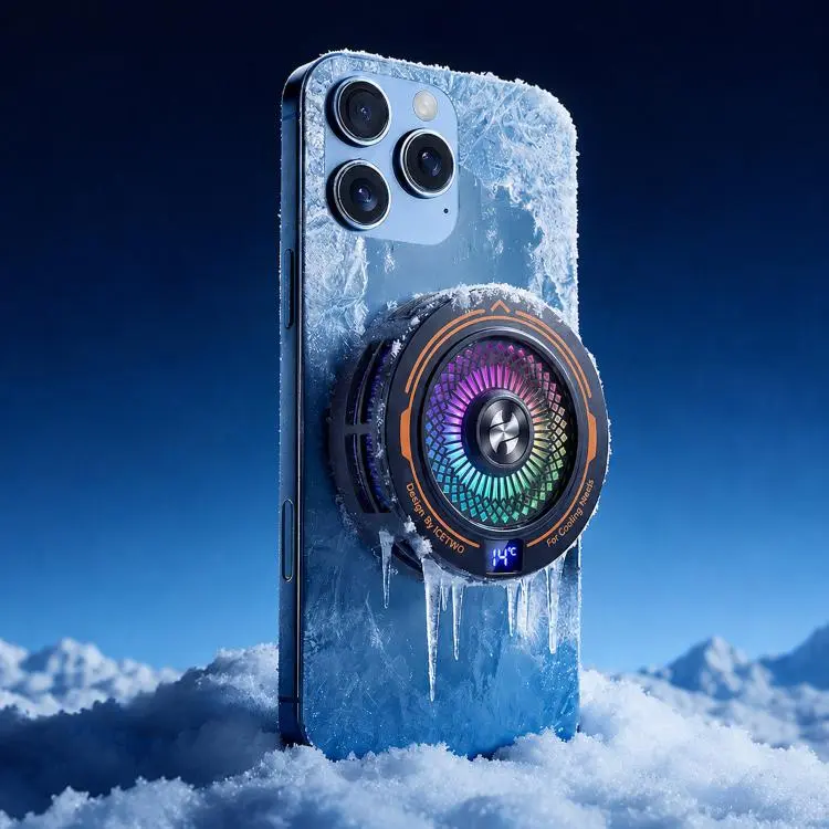 AI Mobile Phone Cooler Magnetic Semiconductor Radiator with Temperature Display & RGB Light Black