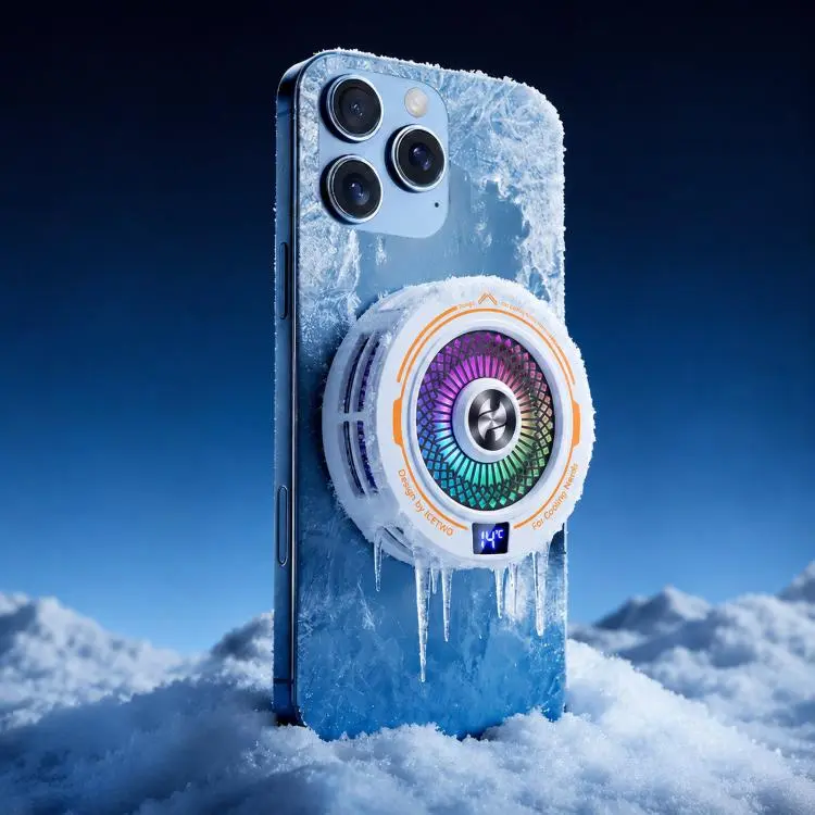 AI Mobile Phone Cooler Magnetic Semiconductor Radiator with Temperature Display & RGB Light White