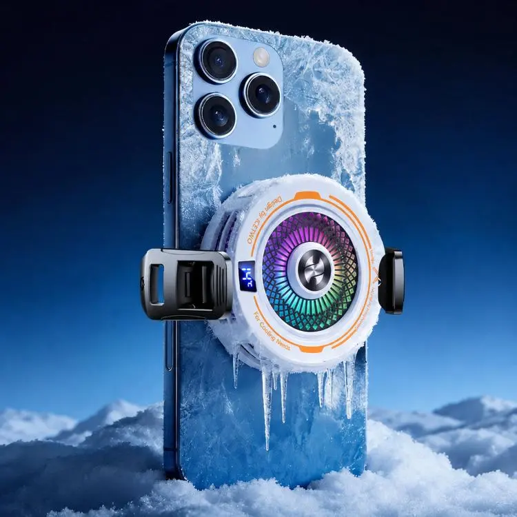 AI Mobile Phone Cooler Magnetic Semiconductor Radiator with Temperature Display & RGB Light With Clip White