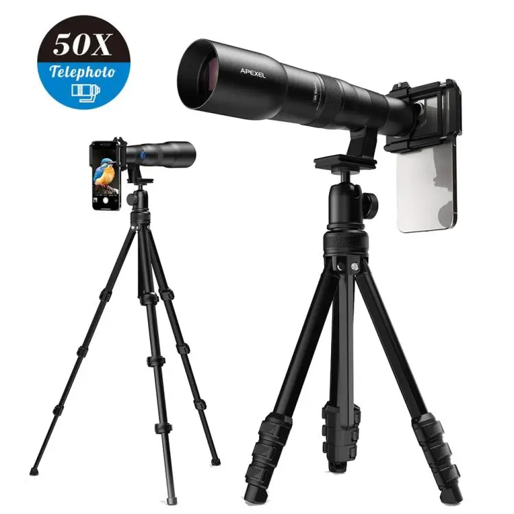 APEXEL TeleCular 50x Telephoto Lens Kit for Smartphone with 360-degree Ball Head Tripod & Internal Focus(Black)