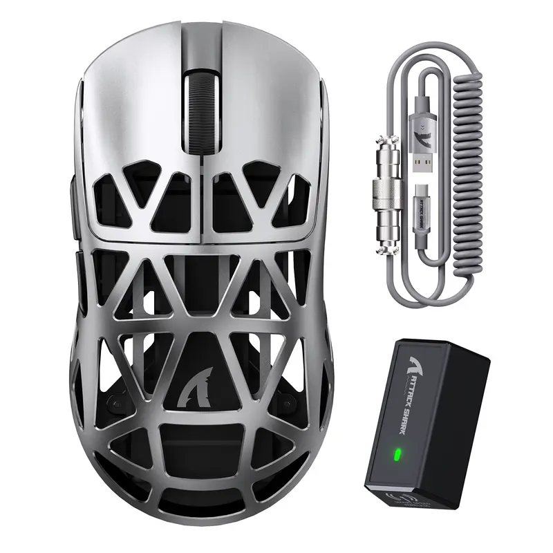 ATTACK SHARK R2 Souris de jeu en alliage de magnésium PAW3950 8K avec câble enroulé pour souris (station de charge non incluse)