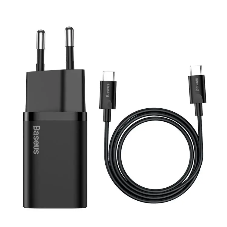 Baseus Super Si Type-C 25W Fast Charger with 1m Type-C to Type-C Cable, EU Plug(Black)