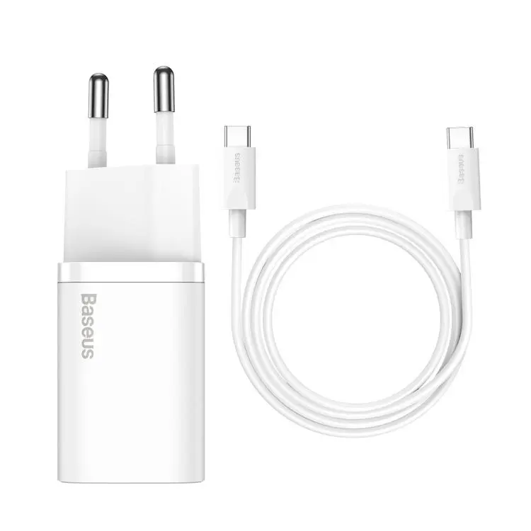 Baseus Super Si Type-C 25W Fast Charger with 1m Type-C to Type-C Cable, EU Plug(White)
