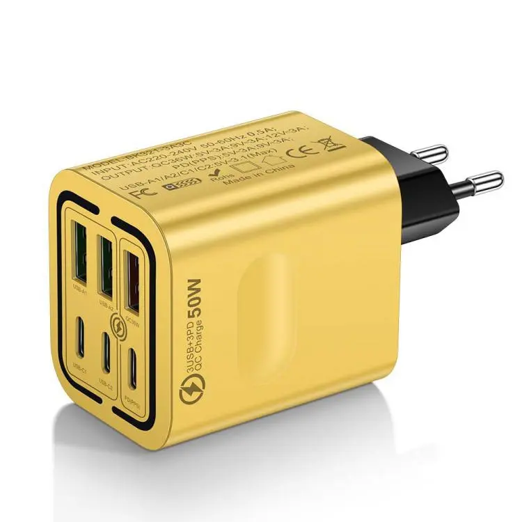 BK321 50W 3USB+3Type-C 6-Ports Fast Charging Phone Charger EU Plug (Yellow)