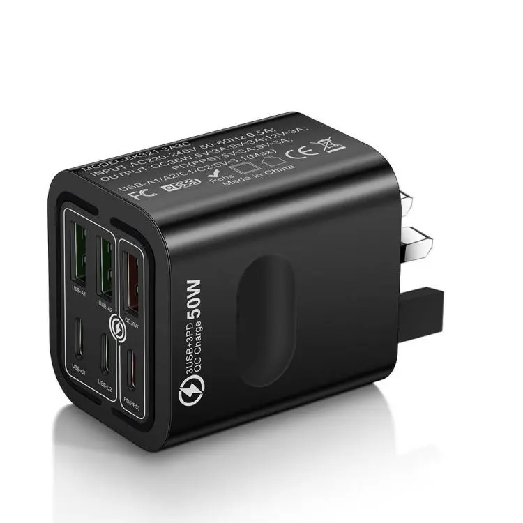 BK321 50W 3USB+3Type-C 6-Ports Fast Charging Phone Charger UK Plug (Black)