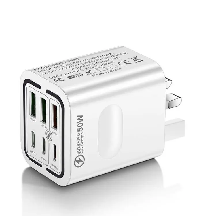 BK321 50W 3USB+3Type-C 6-Ports Fast Charging Phone Charger UK Plug (White)