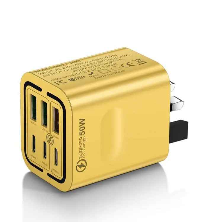 BK321 50W 3USB+3Type-C 6-Ports Fast Charging Phone Charger UK Plug (Yellow)