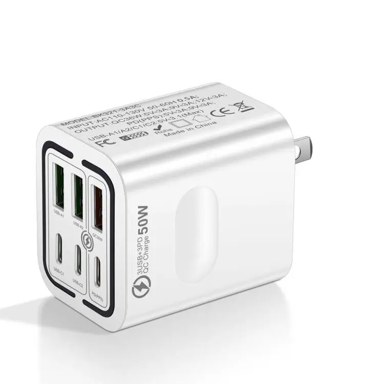 BK321 50W 3USB+3Type-C 6-Ports Fast Charging Phone Charger US Plug (White)