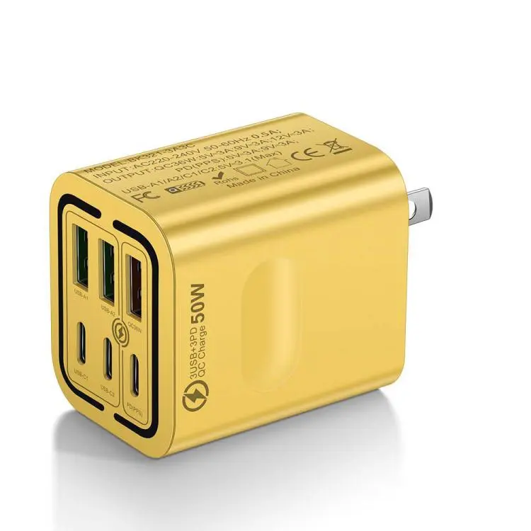 BK321 50W 3USB+3Type-C 6-Ports Fast Charging Phone Charger US Plug (Yellow)