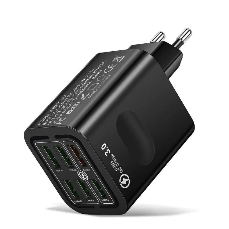 BK321 6USB Multi-port Fast Charging Phone Charger EU Plug (Black)