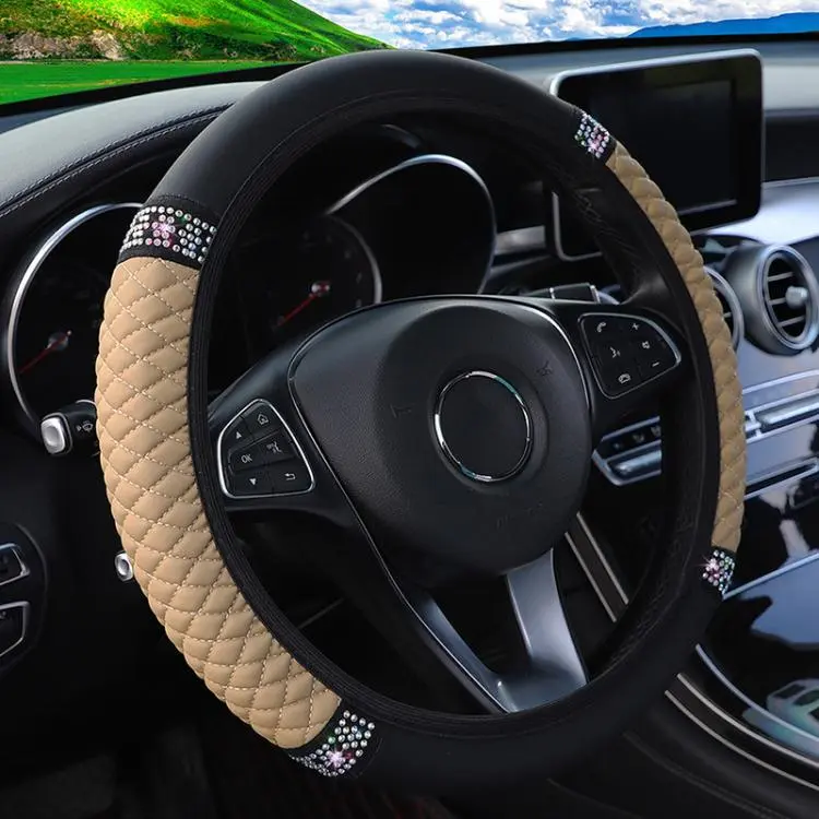 Bling Rhinestone Leather Steering Wheel Cover For Women Quilted Car Steering Wheel Wrap Protector(Beige)