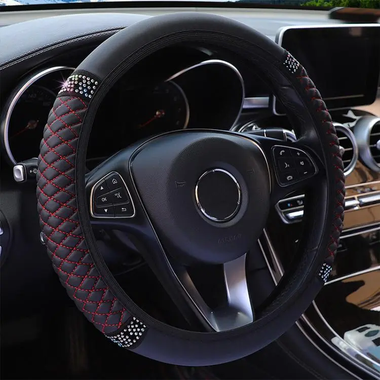 Bling Rhinestone Leather Steering Wheel Cover For Women Quilted Car Steering Wheel Wrap Protector(Black Red)