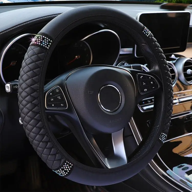 Bling Rhinestone Leather Steering Wheel Cover For Women Quilted Car Steering Wheel Wrap Protector(Black)