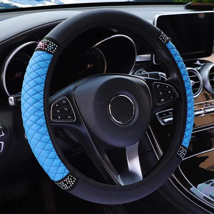 Bling Rhinestone Leather Steering Wheel Cover For Women Quilted Car Steering Wheel Wrap Protector(Blue)