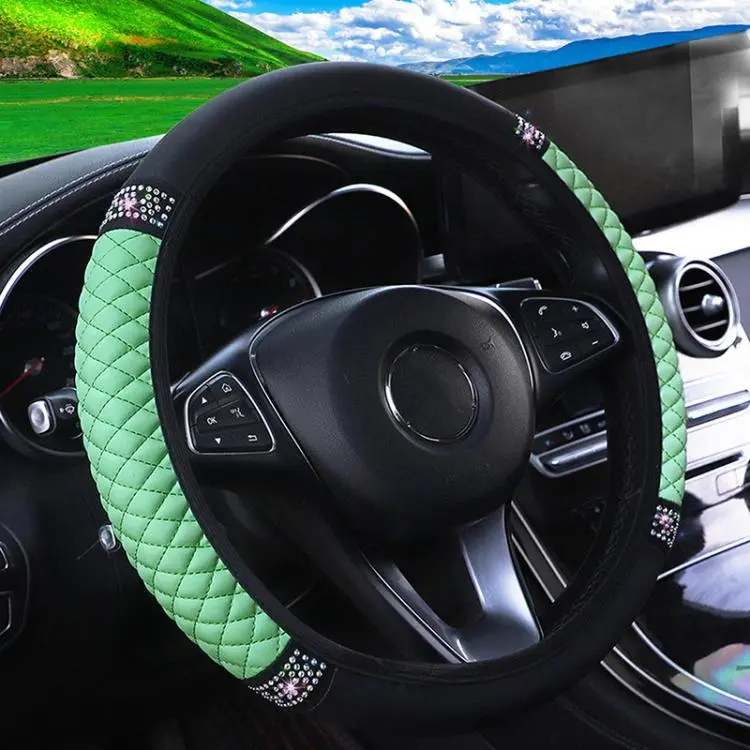 Bling Rhinestone Leather Steering Wheel Cover For Women Quilted Car Steering Wheel Wrap Protector(Green)