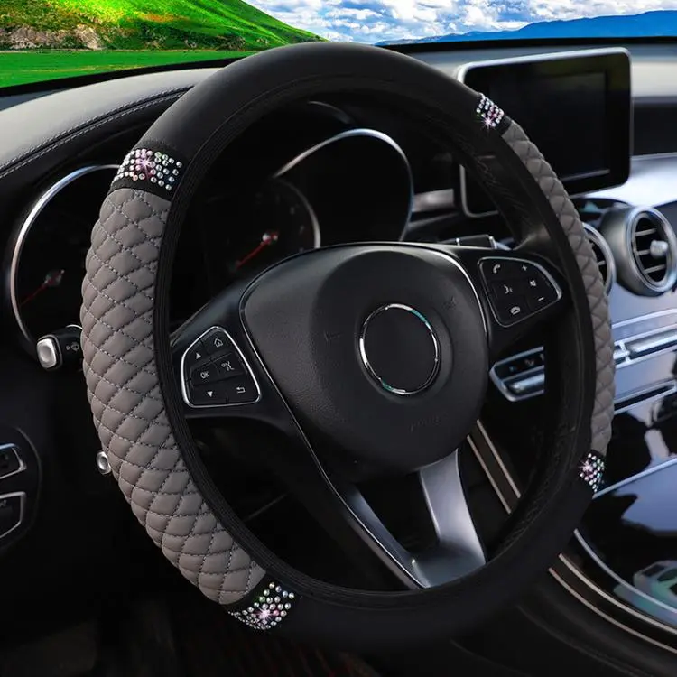 Bling Rhinestone Leather Steering Wheel Cover For Women Quilted Car Steering Wheel Wrap Protector(Grey)