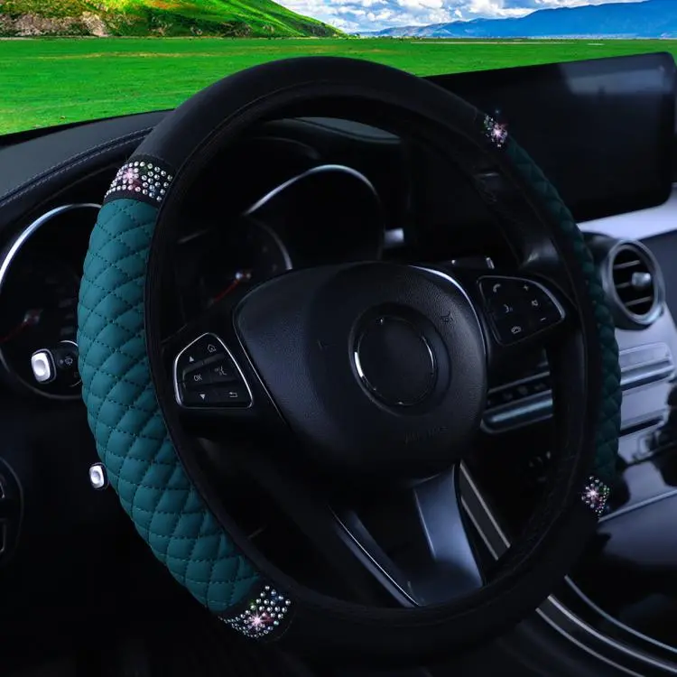 Bling Rhinestone Leather Steering Wheel Cover For Women Quilted Car Steering Wheel Wrap Protector(Ink Green)