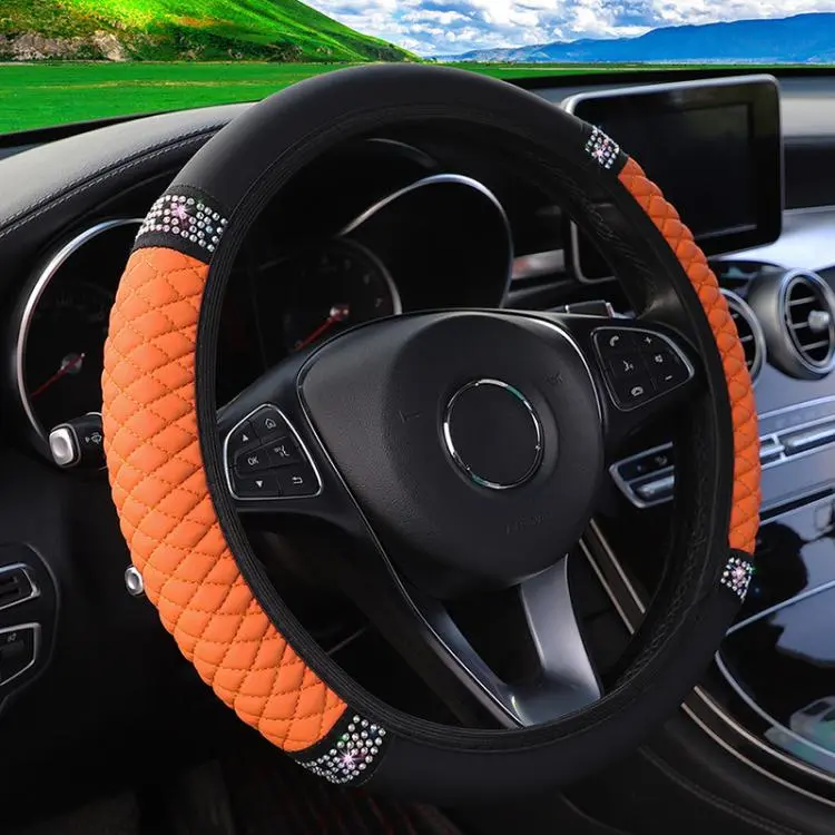 Bling Rhinestone Leather Steering Wheel Cover For Women Quilted Car Steering Wheel Wrap Protector(Orange)