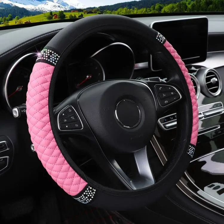 Bling Rhinestone Leather Steering Wheel Cover For Women Quilted Car Steering Wheel Wrap Protector(Pink)