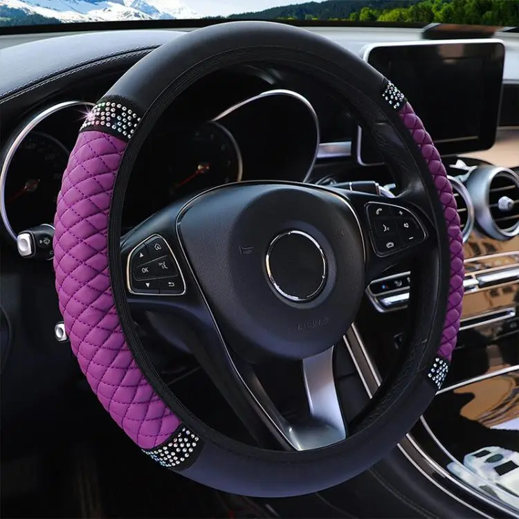 Bling Rhinestone Leather Steering Wheel Cover For Women Quilted Car Steering Wheel Wrap Protector(Purple)