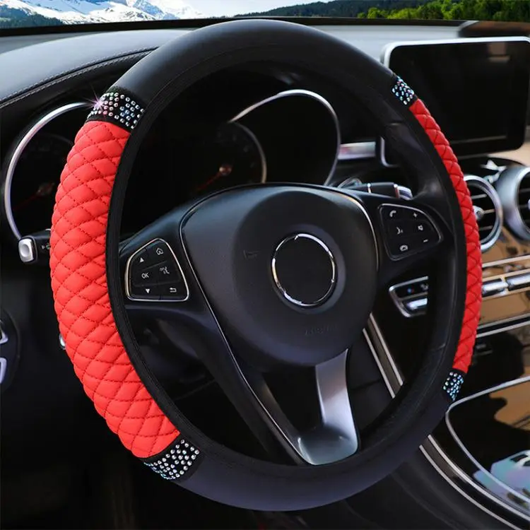 Bling Rhinestone Leather Steering Wheel Cover For Women Quilted Car Steering Wheel Wrap Protector(Red)