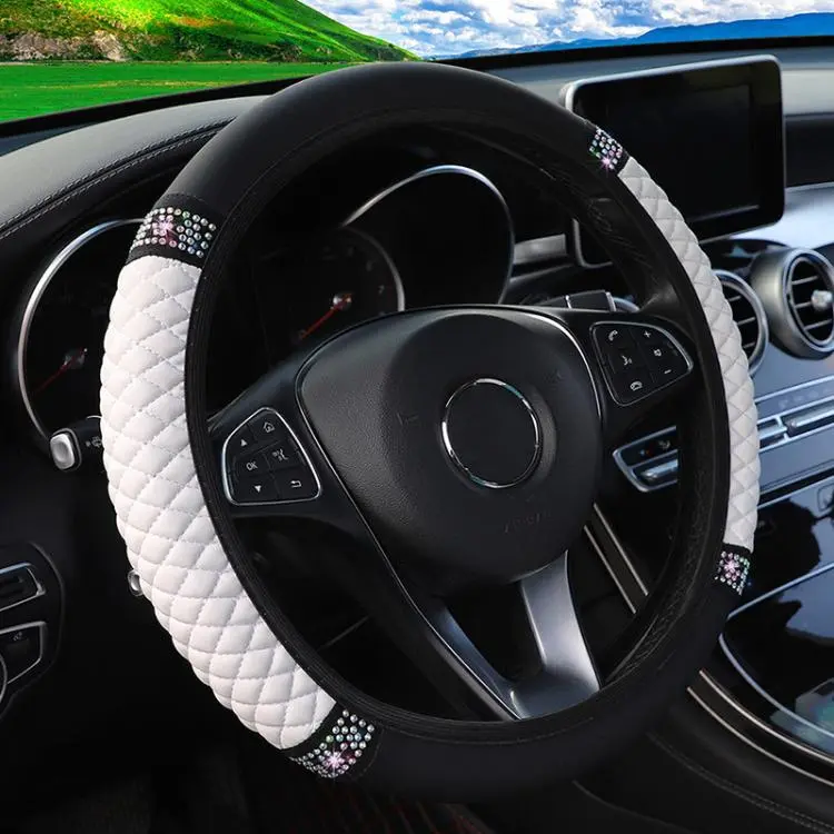 Bling Rhinestone Leather Steering Wheel Cover For Women Quilted Car Steering Wheel Wrap Protector(White)