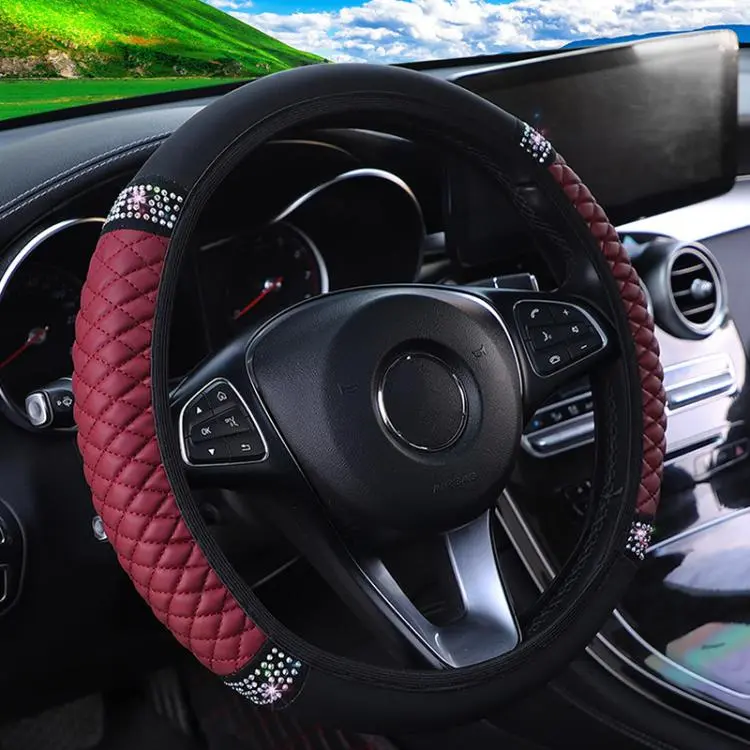 Bling Rhinestone Leather Steering Wheel Cover For Women Quilted Car Steering Wheel Wrap Protector(Wine Red)