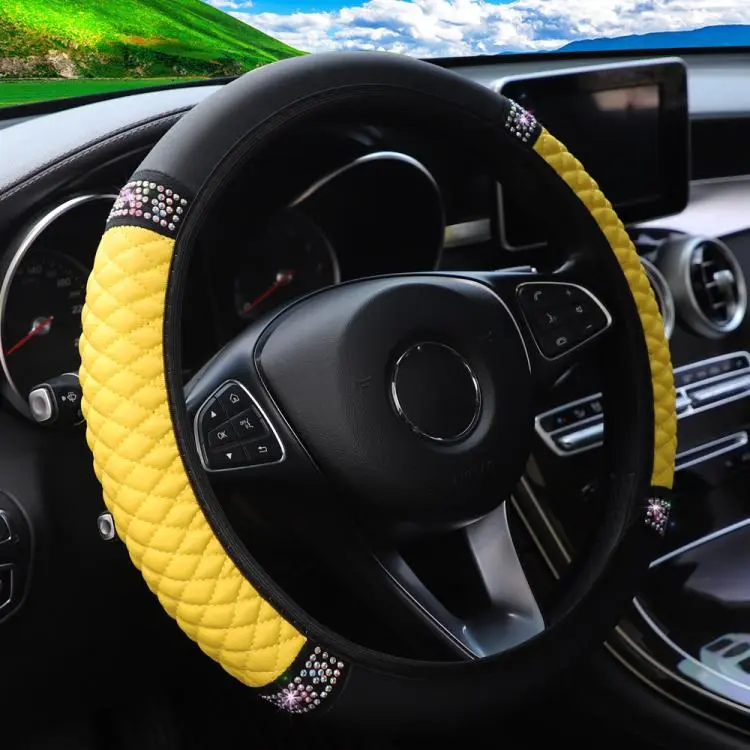 Bling Rhinestone Leather Steering Wheel Cover For Women Quilted Car Steering Wheel Wrap Protector(Yellow)
