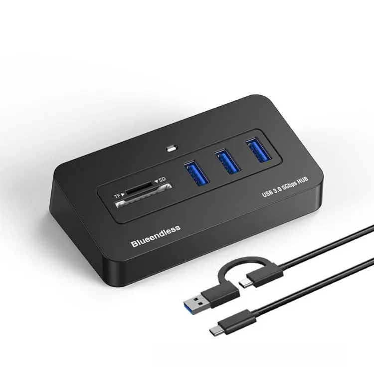 Blueendless 5-Port 3xUSB 3.0 Hub SD TF Card Reader With 1m 2-in-1 USB-C/A Cable