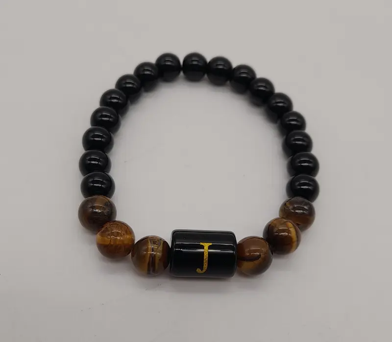Bracelet lettre initiale onyx & oeil de tigre