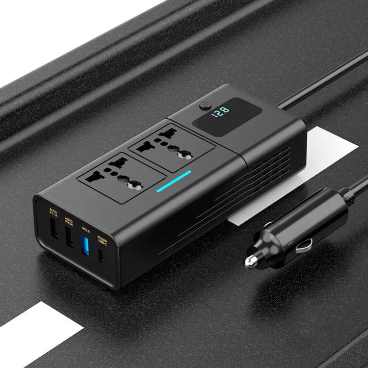 Car Cigarette Lighter to 200W AC Output, USB-A, Type-C Smart Digital Display Car Power Inverter(Black)