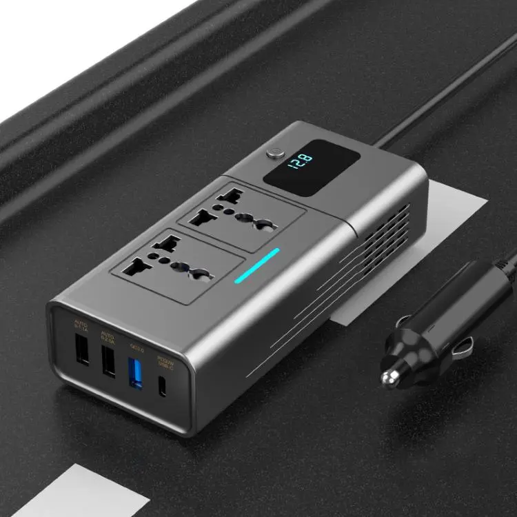 Car Cigarette Lighter to 200W AC Output, USB-A, Type-C Smart Digital Display Car Power Inverter(Grey)