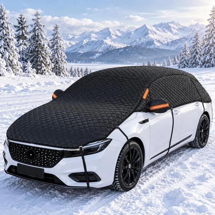 CT-XD985 PEVA Aluminized Film Full Cover Car Snow Shield Windshield Cover with 10 Straps(Black)