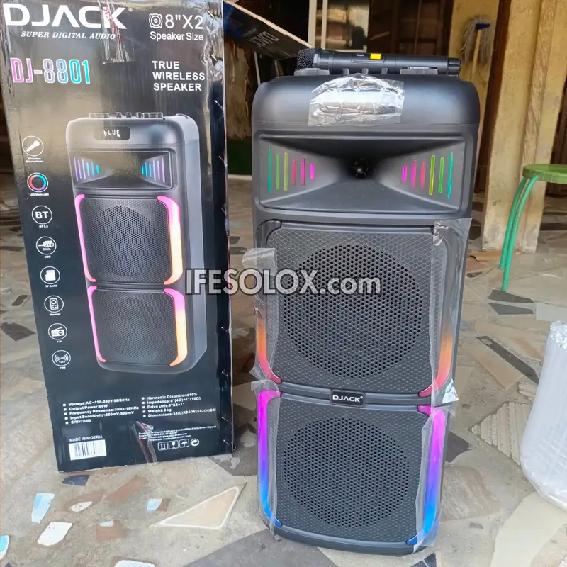 DJACK DJ-8801 Dual 8-inch Professional PA Multimedia Loudspeaker System with Wireless Microphone - Brand New