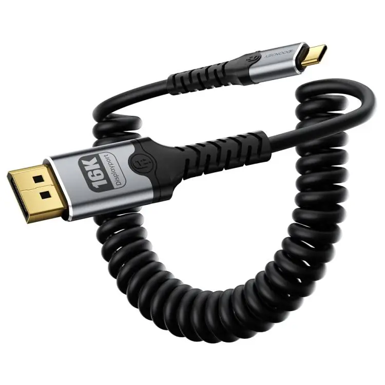DOONJIEY Type-C to DisplayPort 2.1 Ultra HD 16K 60Hz Audio & Video Mirroring Coiled Cable, Length