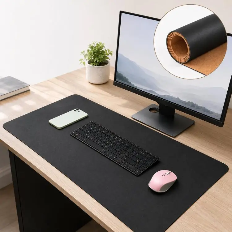 Dual-Sided Cork And Leather Desk Pad Reversible Large Desk Mat For Office And Home 180 x 220mm(Black)