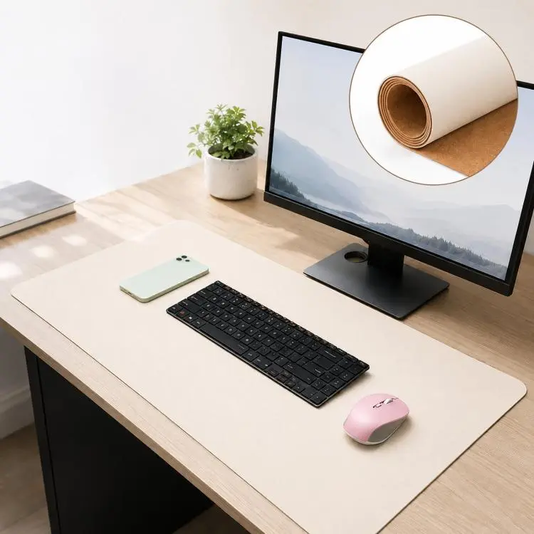 Dual-Sided Cork And Leather Desk Pad Reversible Large Desk Mat For Office And Home 180 x 220mm(White)