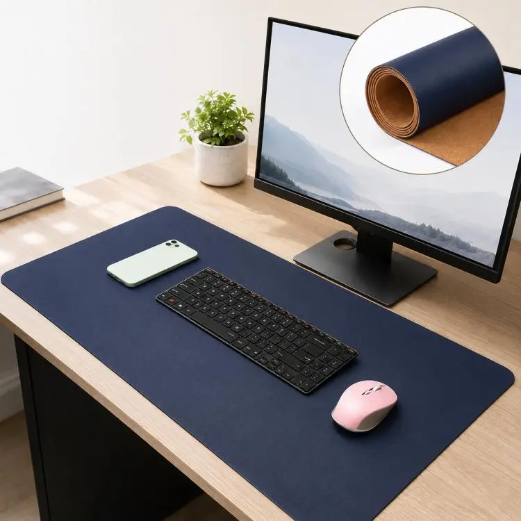Dual-Sided Cork And Leather Desk Pad Reversible Large Desk Mat For Office And Home 200 x 300mm(Blue)